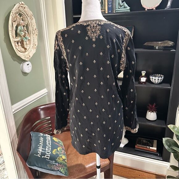 Neiman Marcus Silk Black and Tan Embroidered Tunic Top Size M - Picture 7 of 10